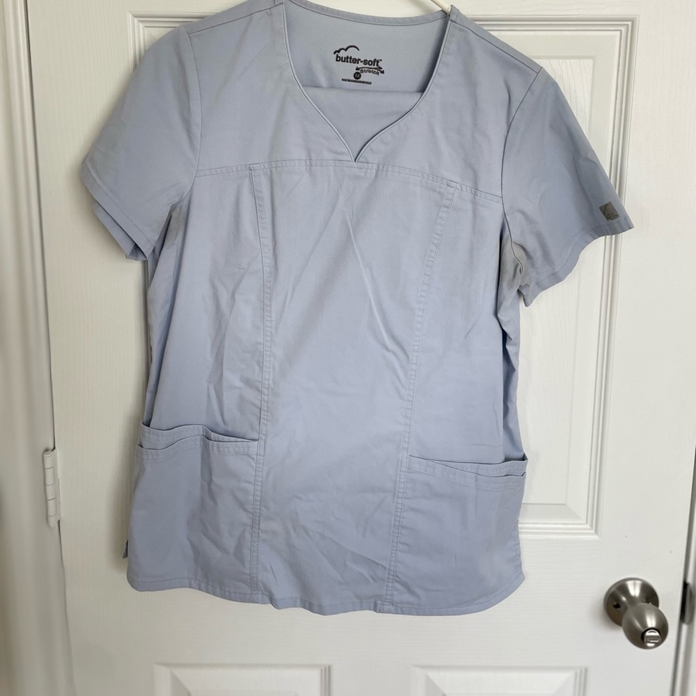 Butter, soft stretch, scrubs, size medium, light blue shade.